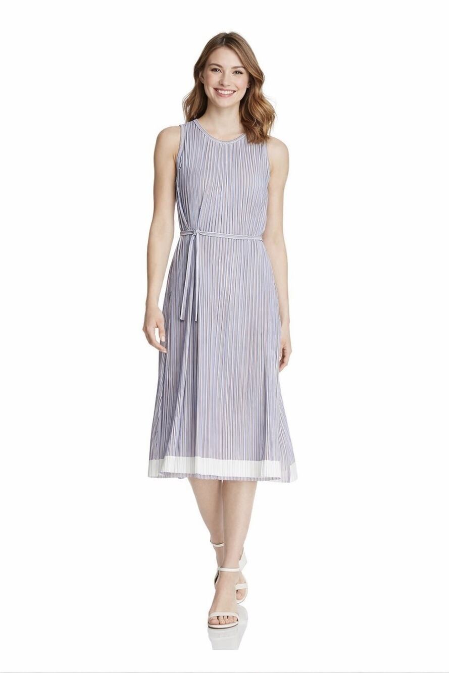 Hugo Boss Enadira In Moire Stripe Pleats Faux Wrap Sleeveless Belted Dress M NWT
